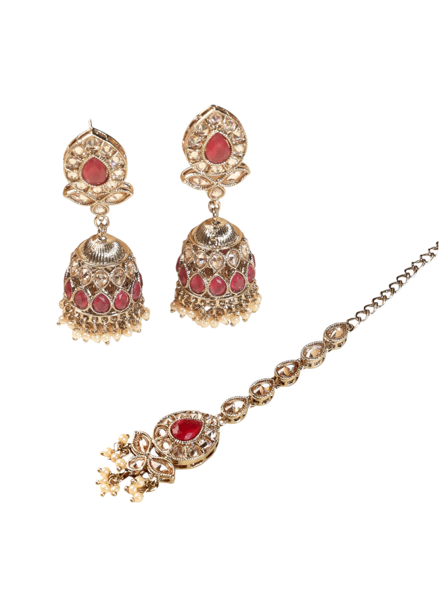 Saloni Fashion Jewellery Classy Leaf and Oval Shape Green Kundan Stone Antique Gold Plated Jhumki Earring With Maang Tikka For Women and Girls