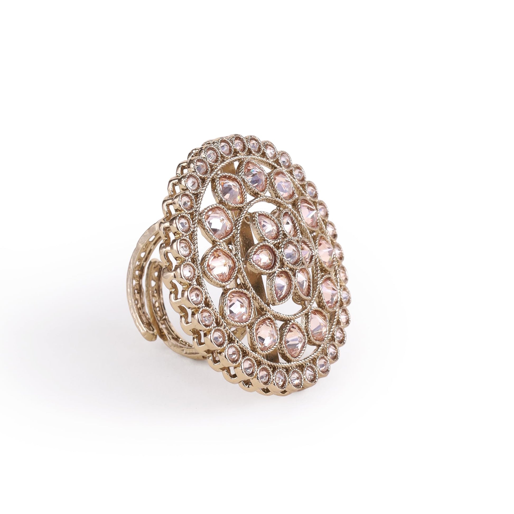 Saloni Fashion Jewellery Round and Flower Design Gold Plated Brass Adjustable Finger Ring For Women