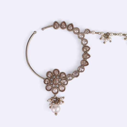 Saloni Fashion Jewellery Traditional Flower and Oval Shape Crystal Gold Plated Nose Ring with Chain (Nathiya) For Women