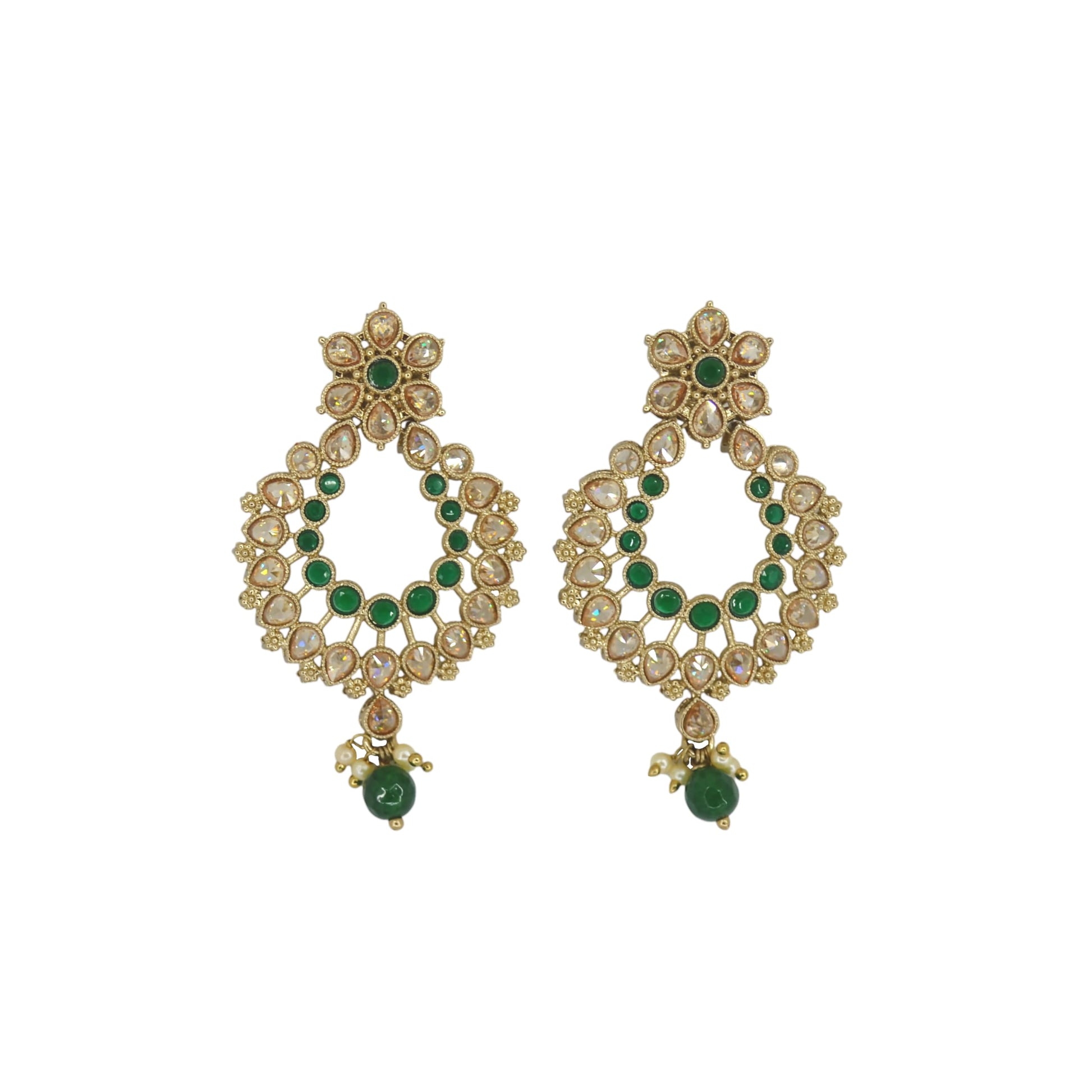 Saloni Fashion Jewellery Graceful Pear and Flower Design Gold Plated Green Kundan Stone Chandelier Earring For Women and Girls