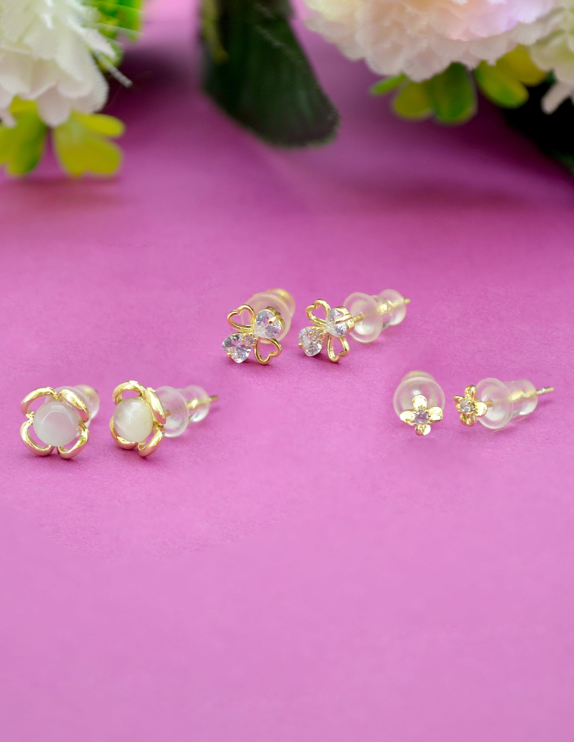 Saloni Fashion Jewellery Modish Flower Design Pearl CZ Brass Gold Plated Set of 3 Combo Stud Earring For Women and Girls