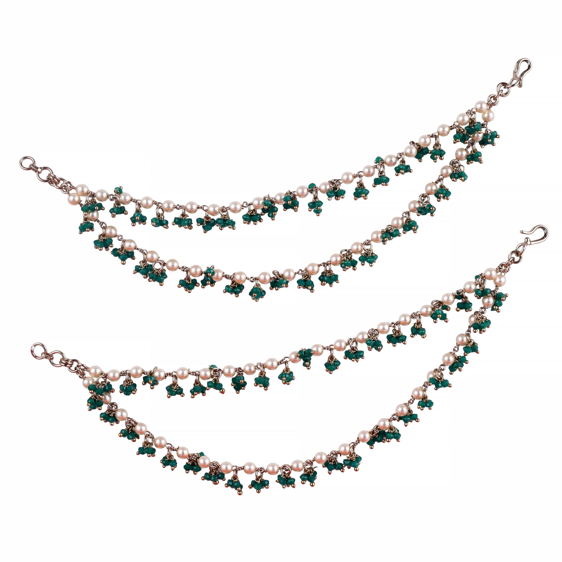 Saloni Fashion Jewellery Appealing Mother of Pearl Green 2 String Antique Gold Plated Set Of 2 Brass Ear-Chain (Kaanchain) For Women and Girls