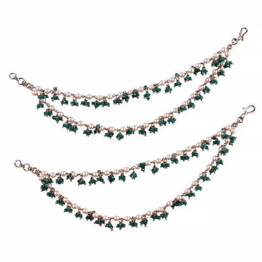 Saloni Fashion Jewellery Appealing Mother of Pearl Green 2 String Antique Gold Plated Set Of 2 Brass Ear-Chain (Kaanchain) For Women and Girls