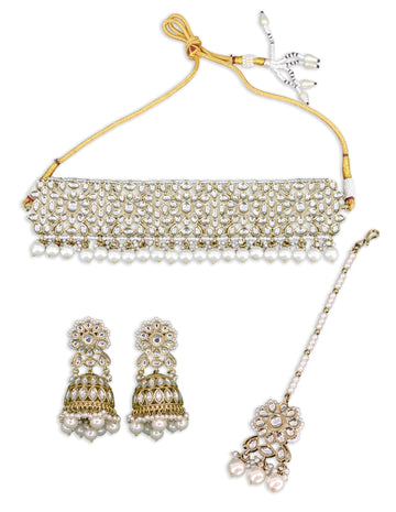 Saloni Fashion Jewellery Pretty Round and Oval Shape Pearl Uncut Kundan Gold Plated Collar Necklace Set with Maangtikka For Women and Girls