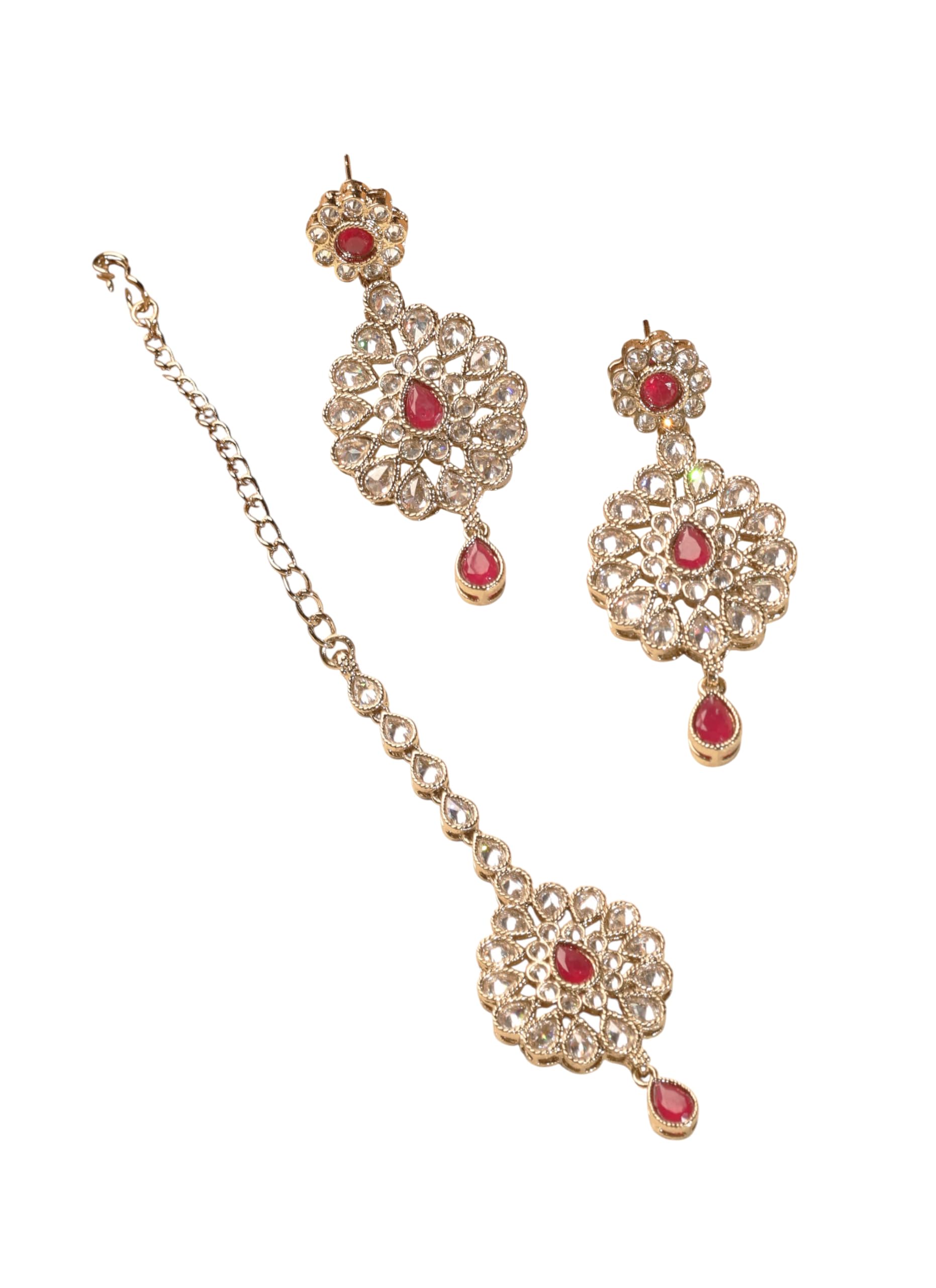 Saloni Fashion Jewellery Glamorous Round and Flower Shape Red Kundan Stone Antique Gold Plated Brass Dangle Earring With Maang Tikka For Women and Girls