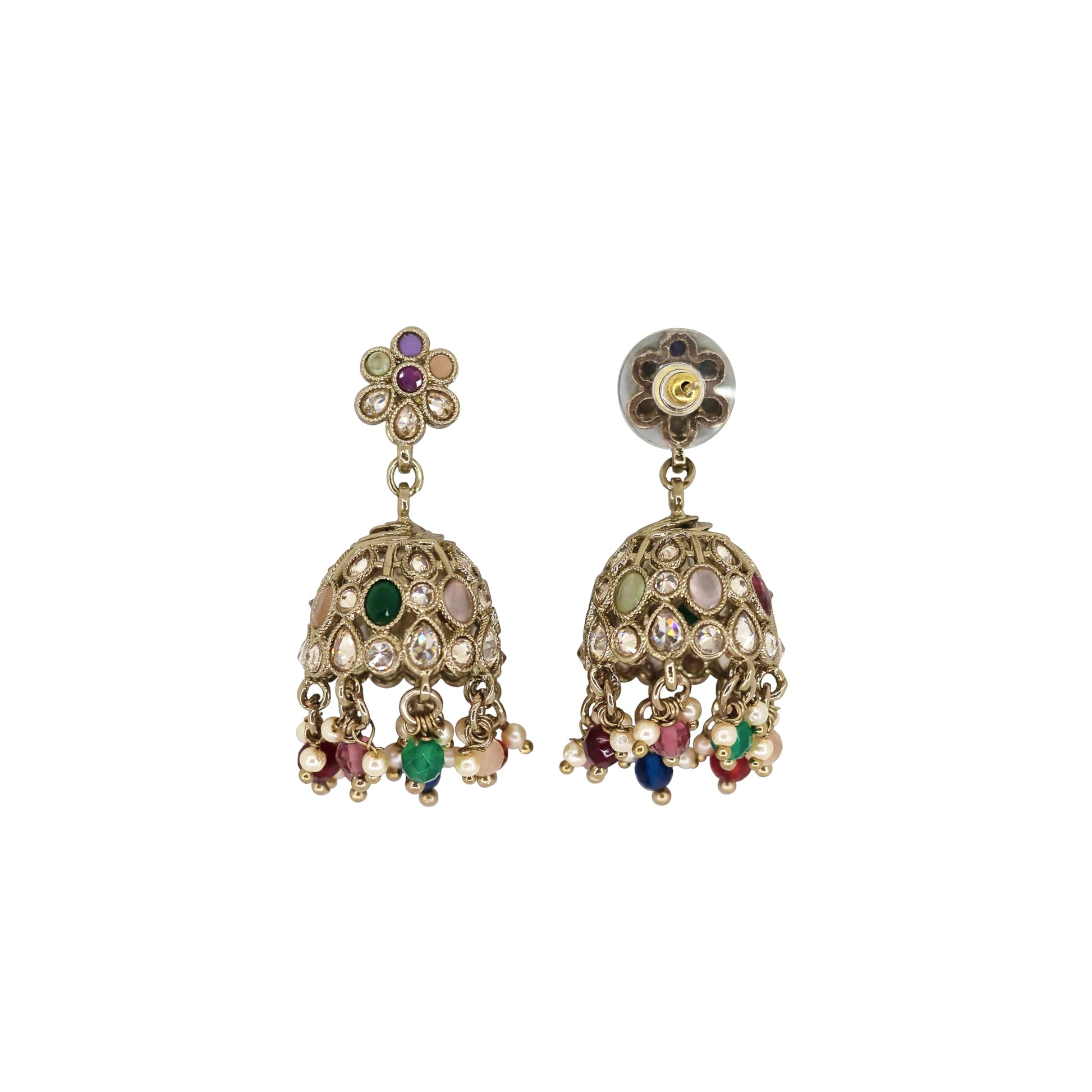 Saloni Fashion Jewellery Pleasing Flower Shape Multi Uncut Kundan Stone Antique Gold Plated Jhumki Earring For Women and Girls