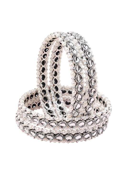 Saloni Fashion Jewellery Lovely Oval Shape White Kundan Stone Silver Plated Set Of 4 Bangle Set For Women and Girls