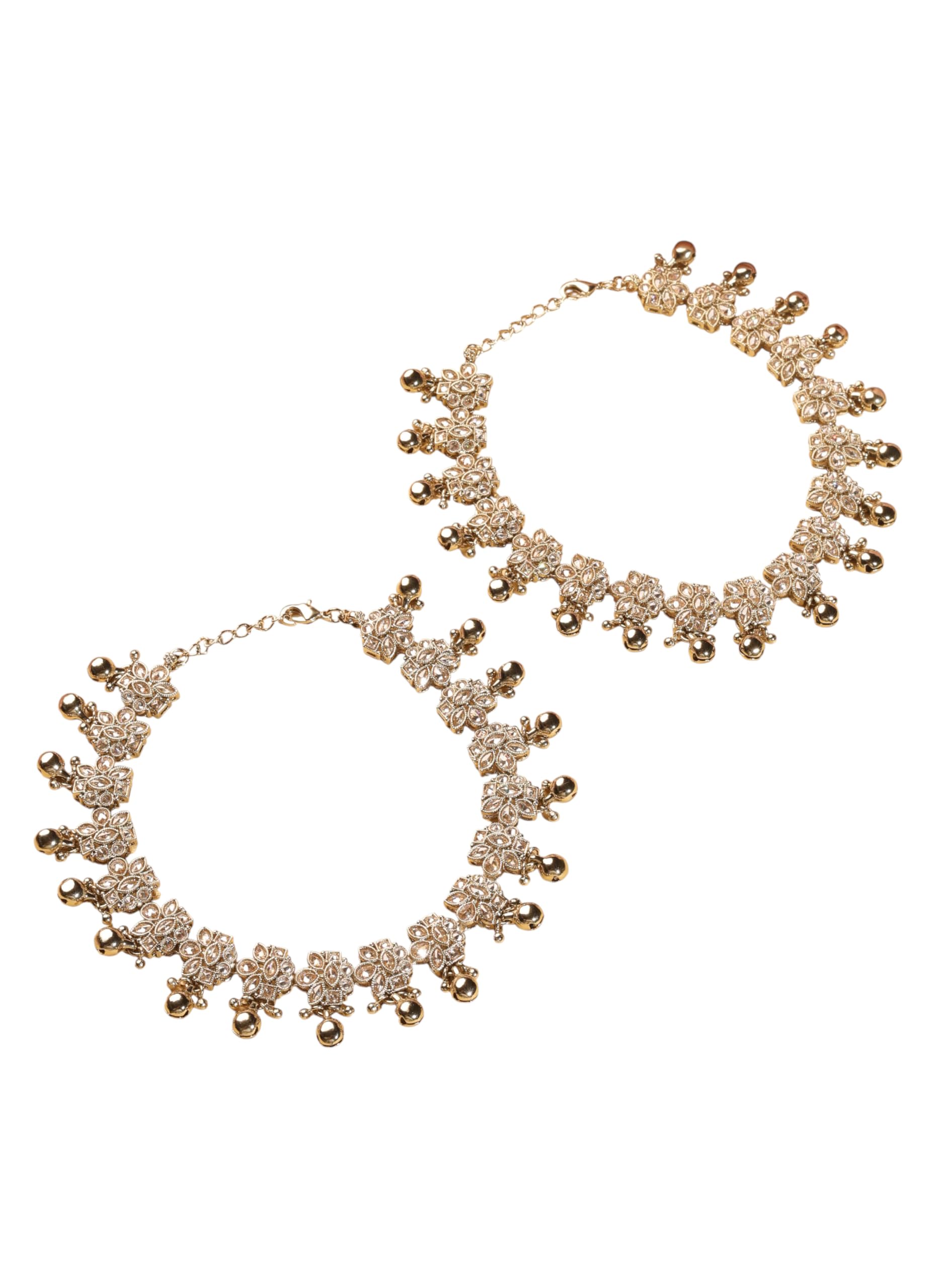 Saloni Fashion Jewellery Delightful Flower Design with Golden Ball Brown Kundan Stone Antique Gold Plated Set of 2 Anklet(Payal) For Women and Girls