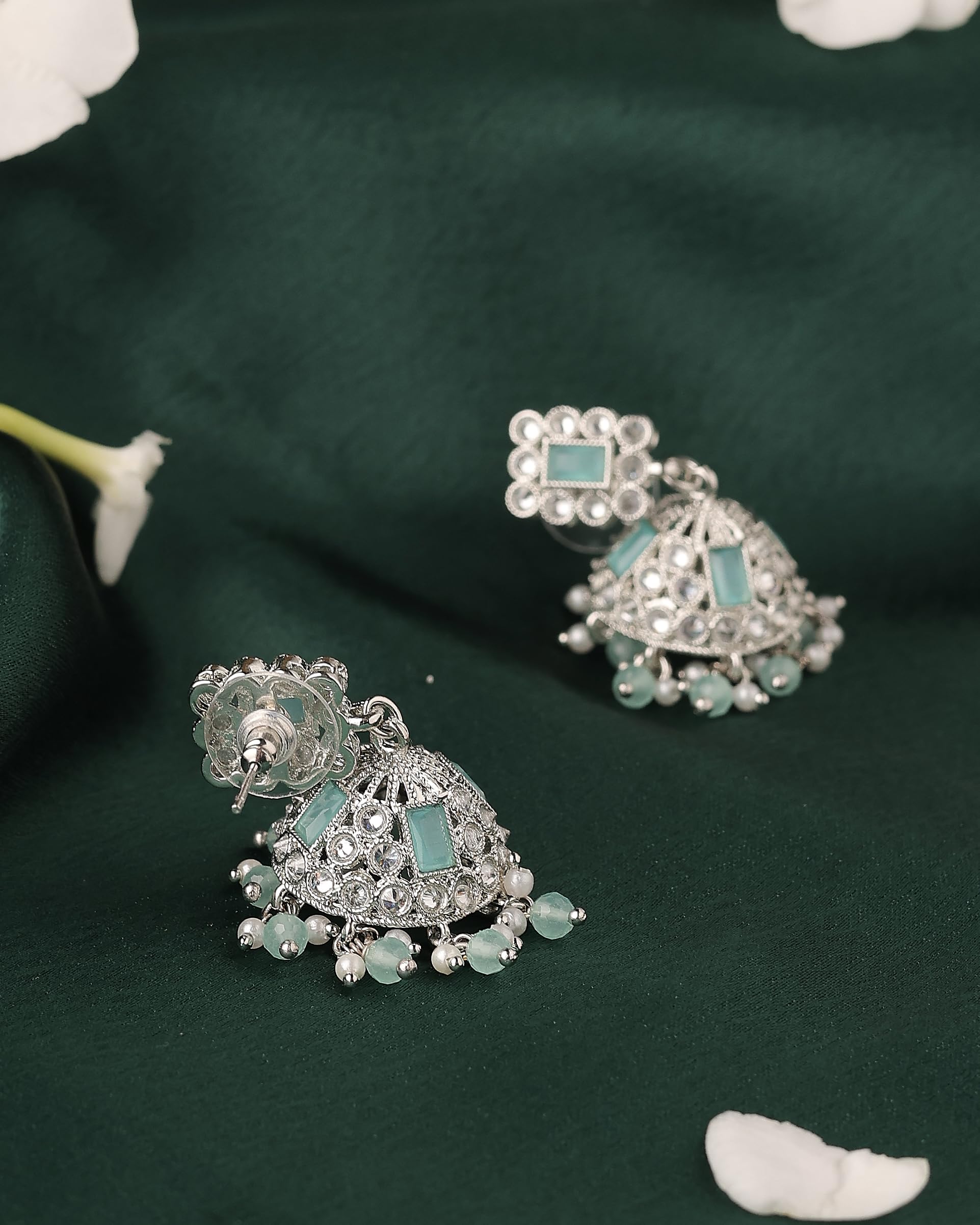Saloni Fashion Jewellery Designer Square Shape Silver Plated Sky Blue Kundan Stone Jhumki Earring For Women and Girls