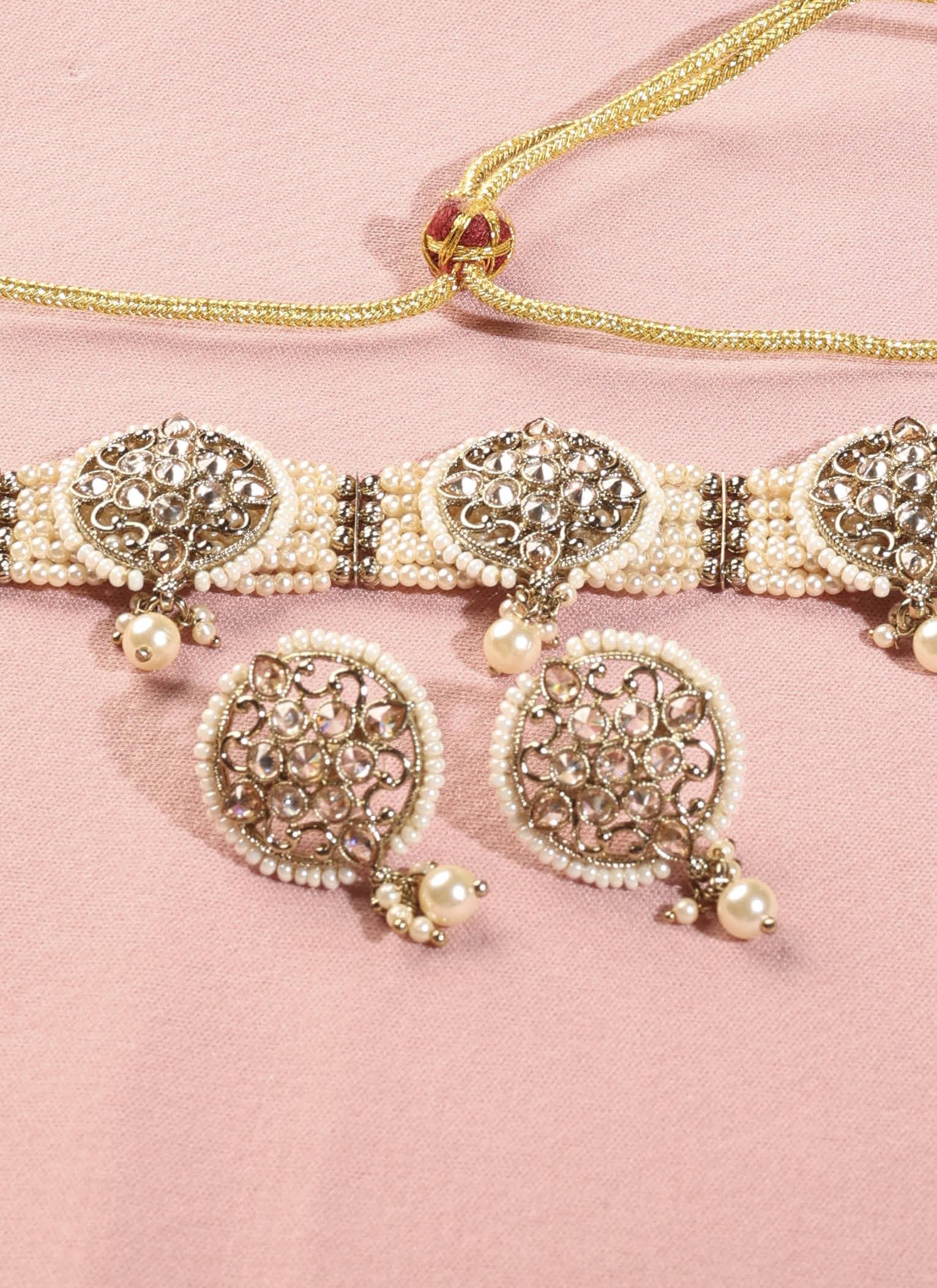 Saloni Fashion Jewellery Smooth Round Shape Mother of Pearl White Kundan Stone Antique Gold Plated Collar Necklace Set For Women and Girls