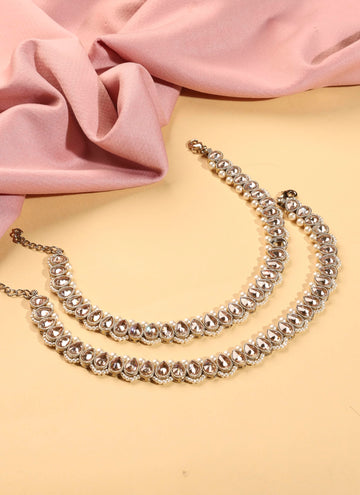 Saloni Fashion Jewellery Astonish Oval Shape Pearl Brown Kundan Stone Antique Gold Plated Set of 2 Anklet(Payal) For Women and Girls