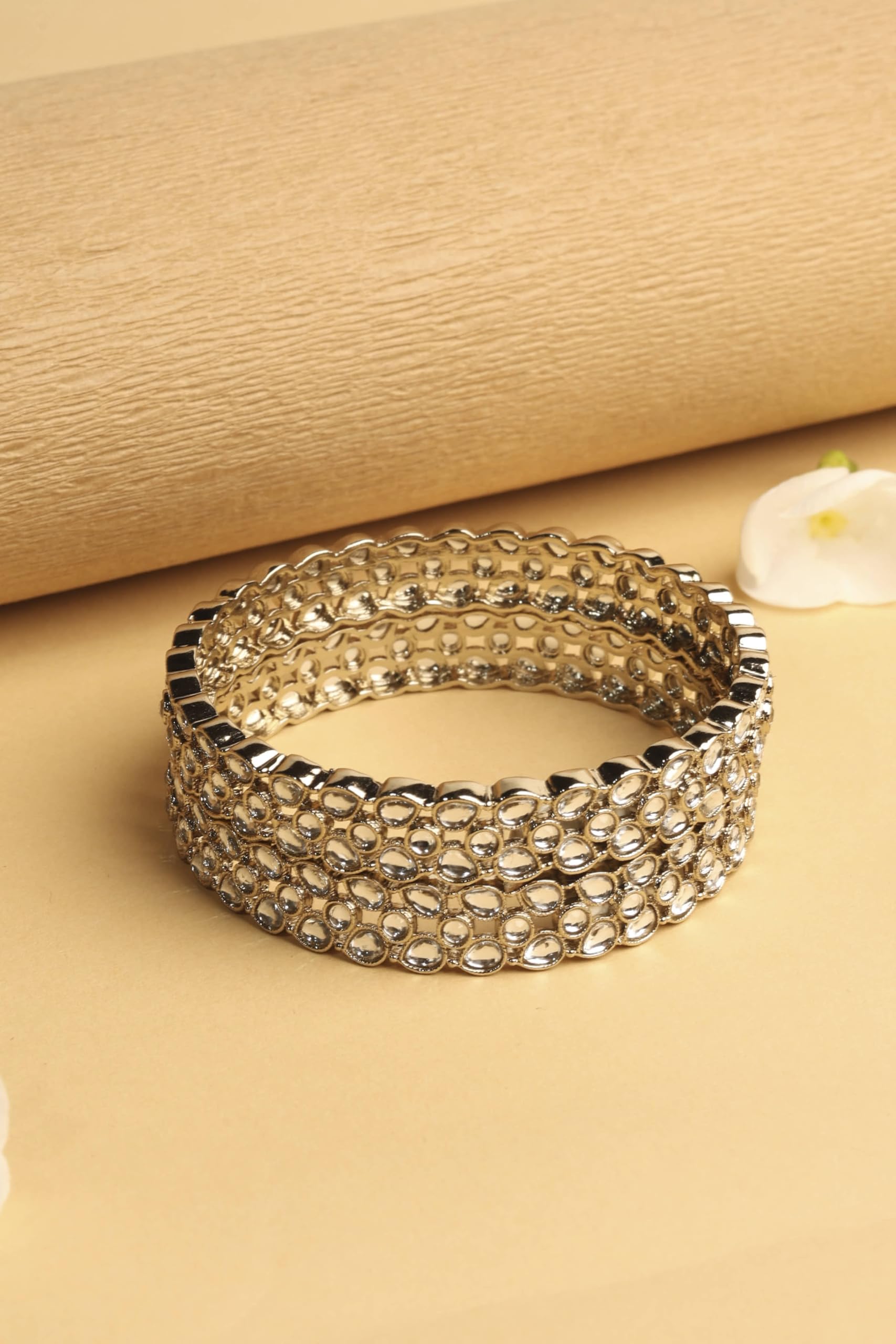 Saloni Fashion Jewellery Trendy Oval Shape White Kundan Stone Antique Gold Plated Set of 2 Bangle Set For Women and Girls
