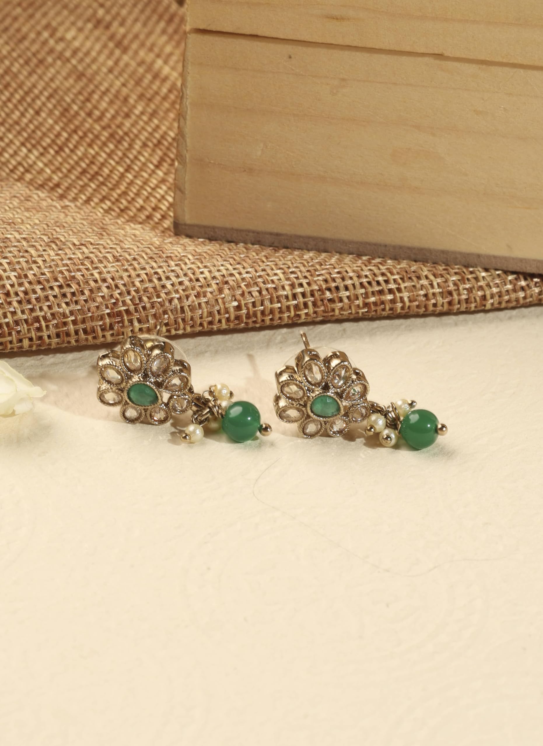 Saloni Fashion Jewellery Modish Flower Design and Circle Green Kundan Stone Antique Gold Plated Dangle Earring For Women and Girls