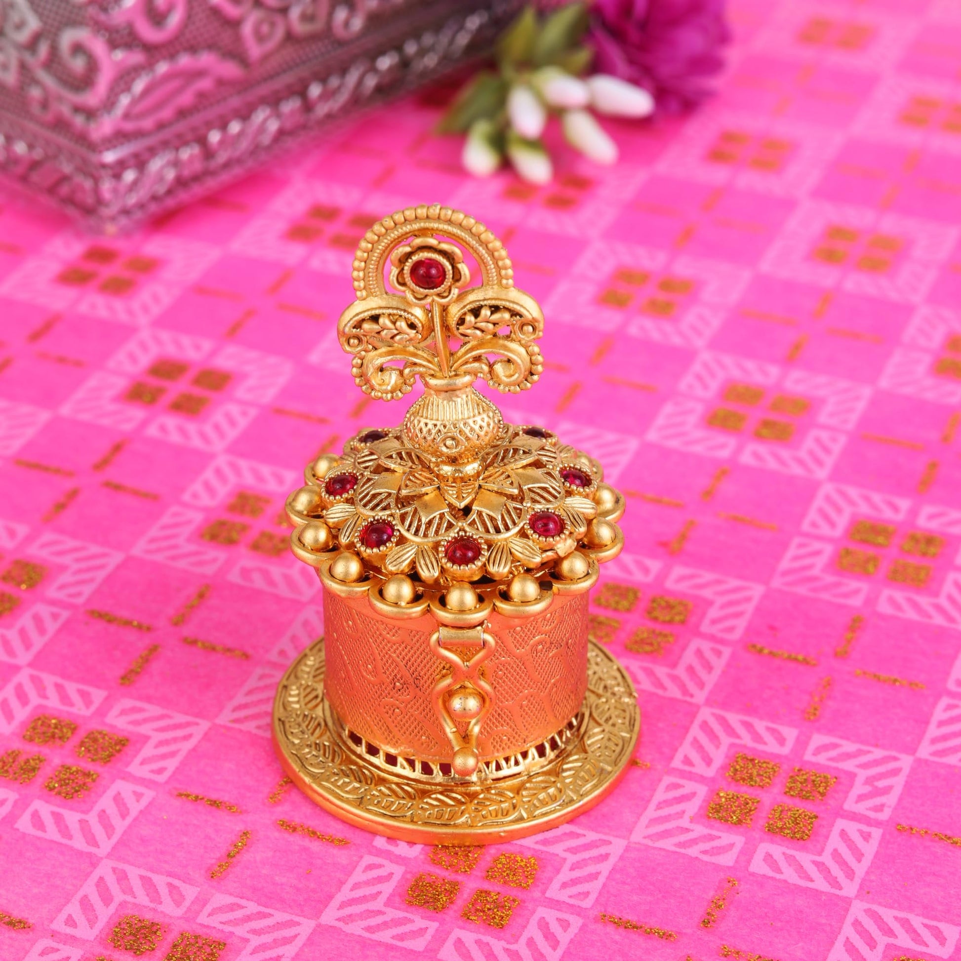 Saloni Fashion Jewellery Traditional Peacock Flower and Kalasha(Waterpot) Design Gold Plated Brass Set of 2 Combo Sindoor Dani/Dibbi For Women