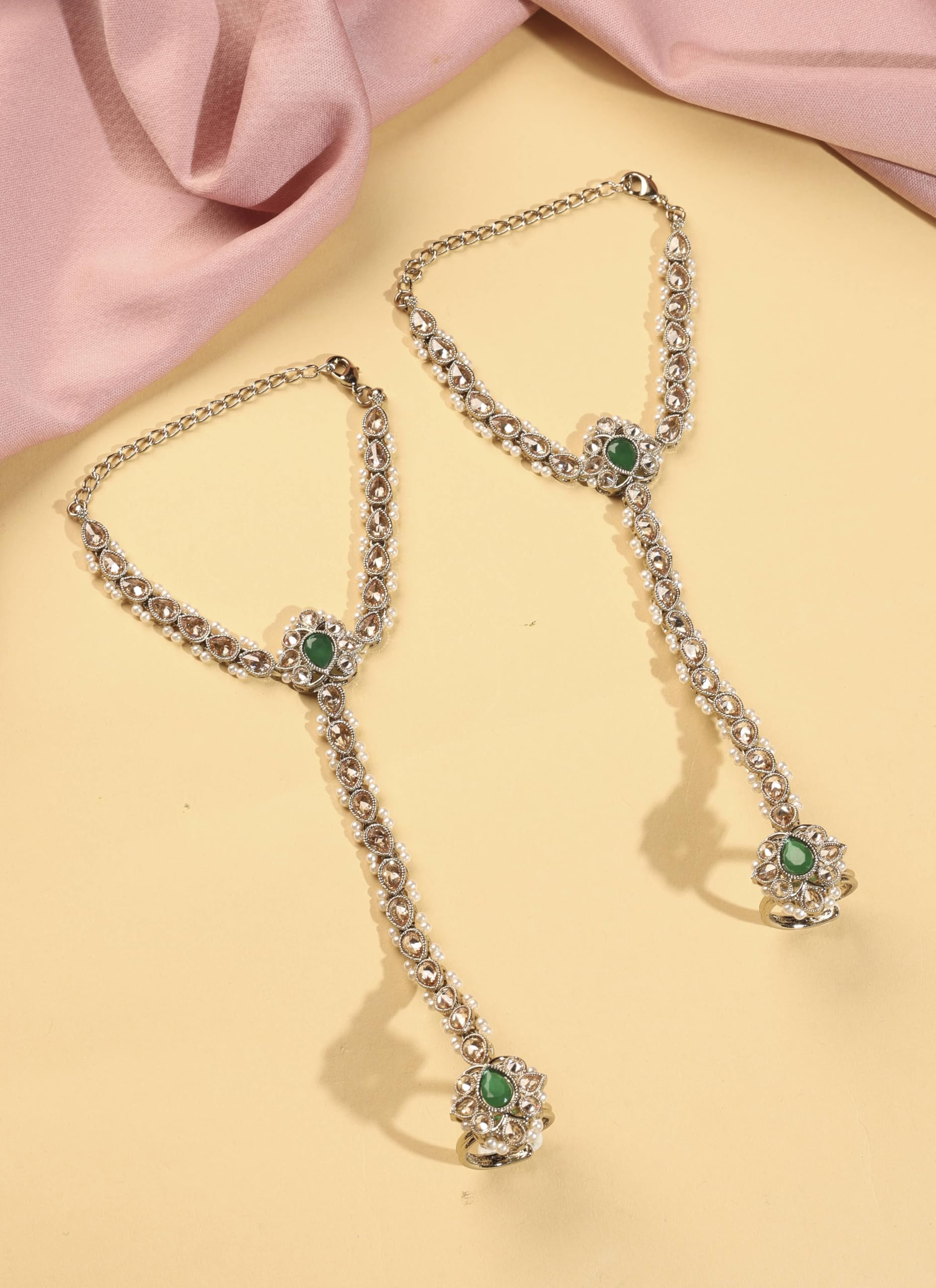 Saloni Fashion Jewellery Ethnic Flower and Oval Shape Pearl Green Kundan Stone Antique Gold Plated Set of 2 Brass Hathpaan(Hathphool) For Women and Girls