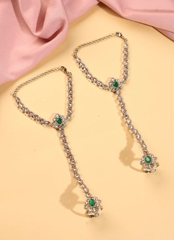 Saloni Fashion Jewellery Ethnic Flower and Oval Shape Pearl Green Kundan Stone Antique Gold Plated Set of 2 Brass Hathpaan(Hathphool) For Women and Girls