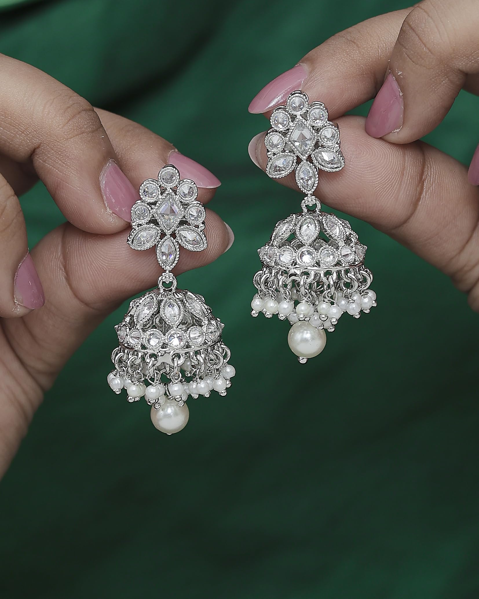 Saloni Fashion Jewellery Flowing Round and Pear Shape Silver Plated White Kundan Stone Brass Jhumki Earring For Women and Girls