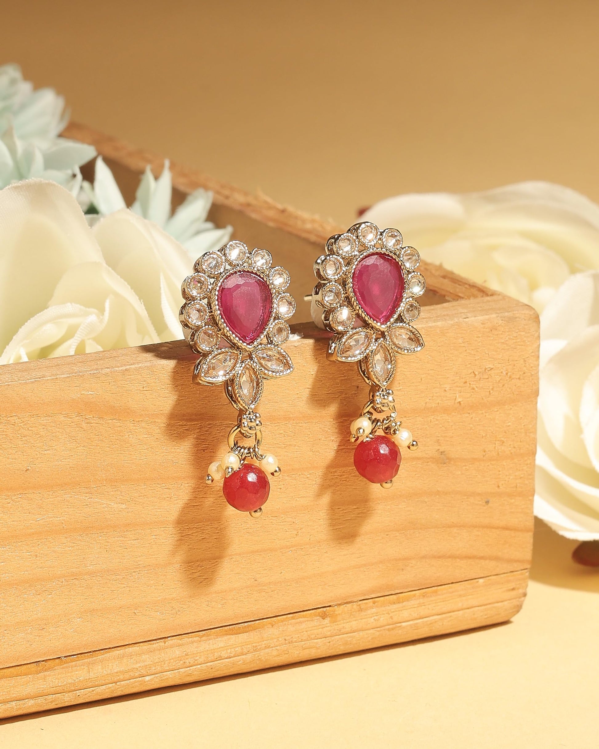 Saloni Fashion Jewellery Excellent Oval and Leaf Design Gold Plated Ruby Kundan Stone Dangle Earring For Women and Girls