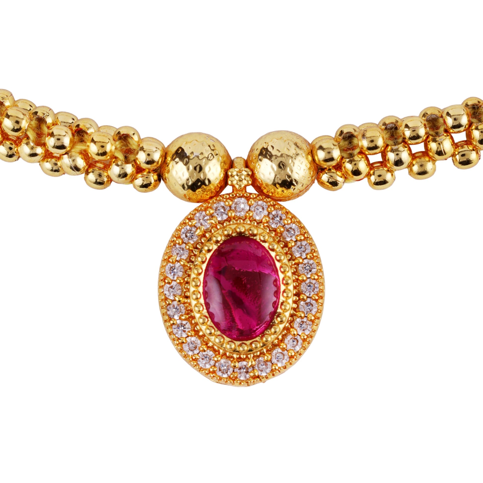 Saloni Fashion Jewellery Traditional Round Shape Golden Balls Pink Stone Gold Plated Choker Necklace Set For Women
