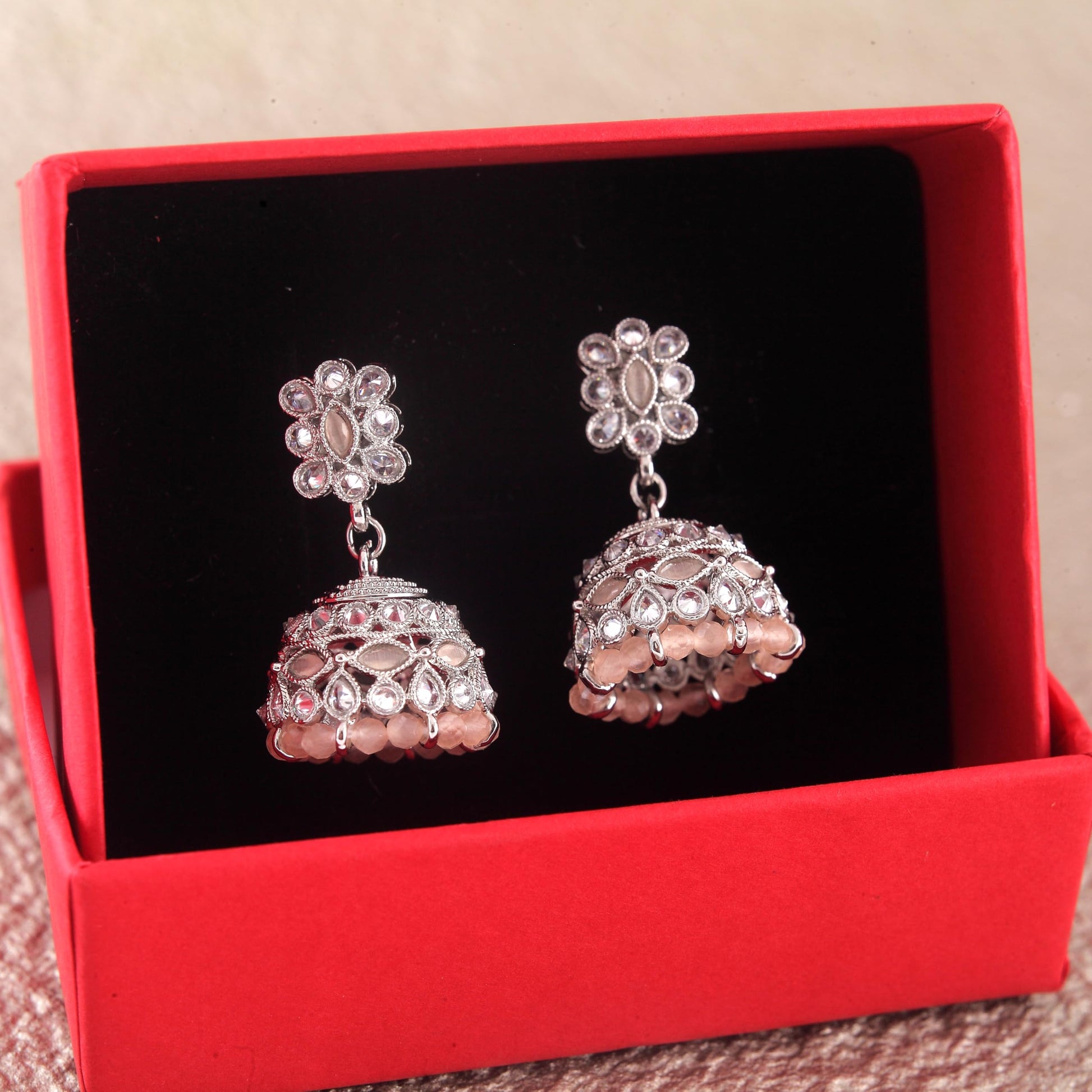 Saloni Fashion Jewellery Brilliant Pear and Flower Shape Peach Uncut Kundan Stone Silver Plated Jhumki Earring For Women and Girls
