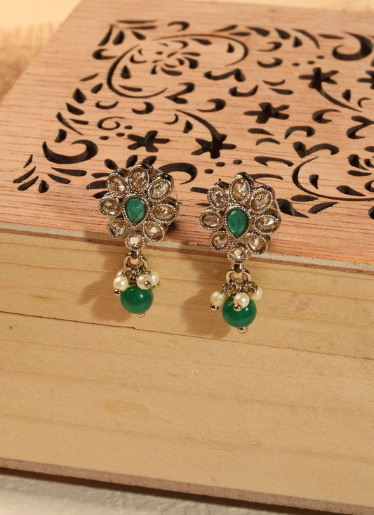 Saloni Fashion Jewellery Modish Flower Design and Circle Green Kundan Stone Antique Gold Plated Dangle Earring For Women and Girls