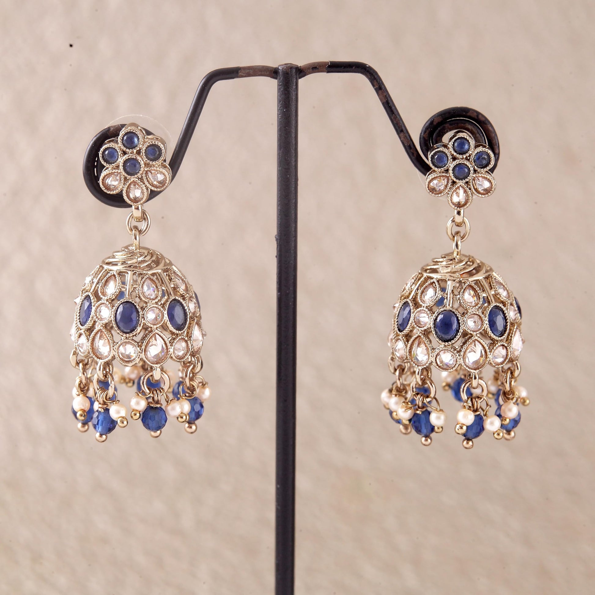 Saloni Fashion Jewellery Pleasant Flower Shape Blue Uncut Kundan Stone Antique Gold Plated Jhumki Earring For Women and Girls
