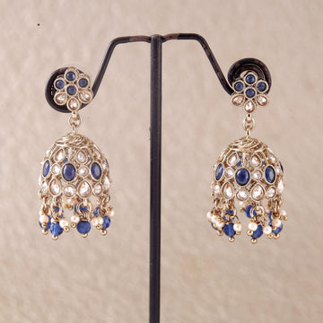 Saloni Fashion Jewellery Pleasant Flower Shape Blue Uncut Kundan Stone Antique Gold Plated Jhumki Earring For Women and Girls