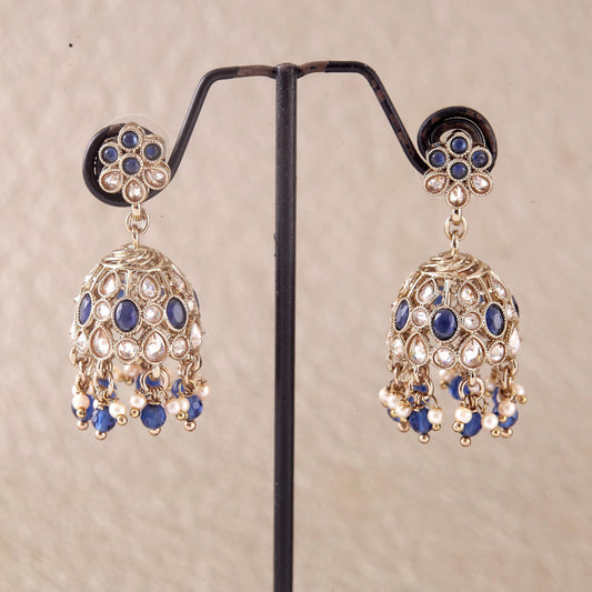 Saloni Fashion Jewellery Pleasant Flower Shape Blue Uncut Kundan Stone Antique Gold Plated Jhumki Earring For Women and Girls