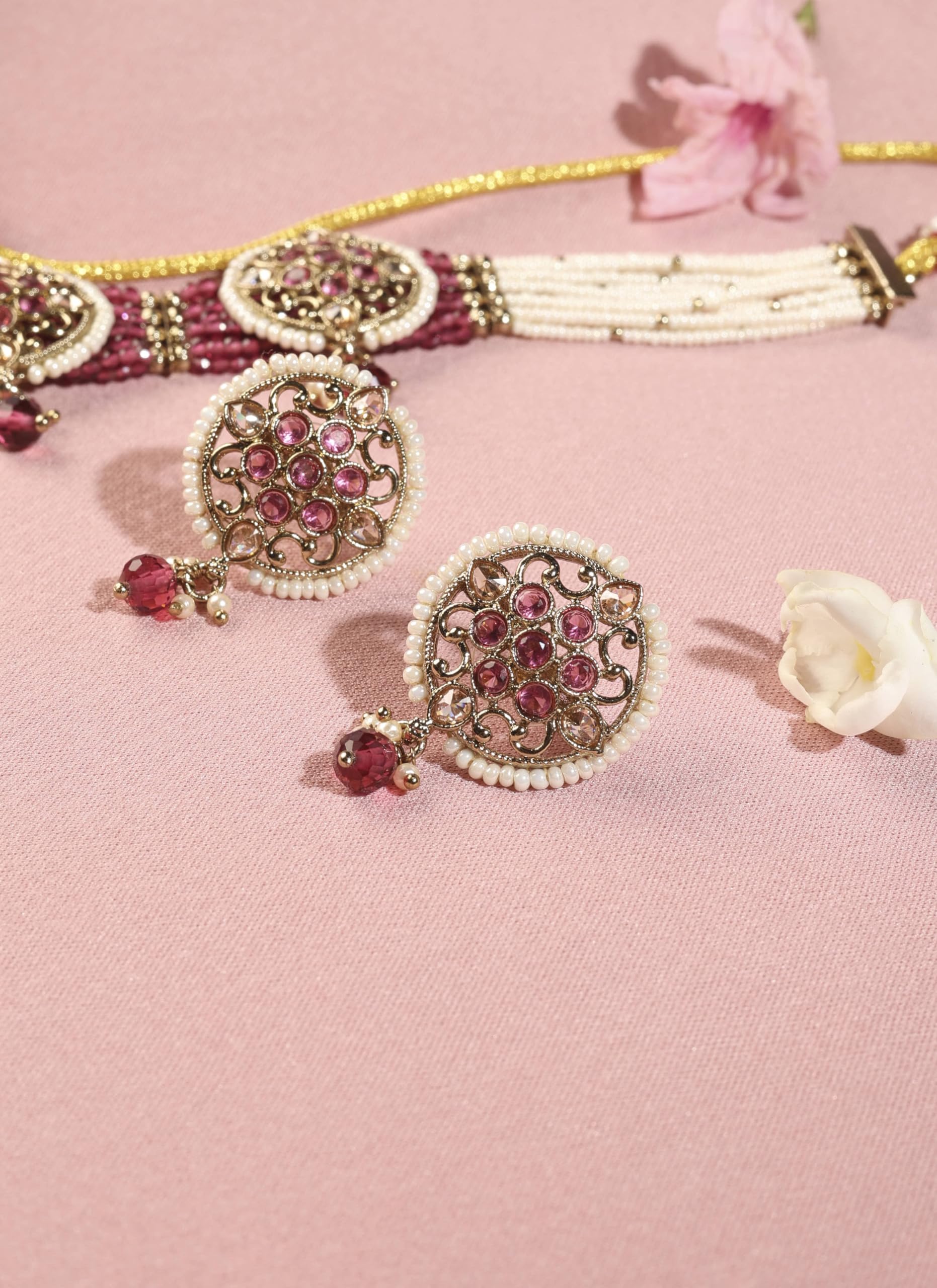 Saloni Fashion Jewellery Royal Round Shape Mother of Pearl Red Kundan Stone Antique Gold Plated Collar Necklace Set For Women and Girls