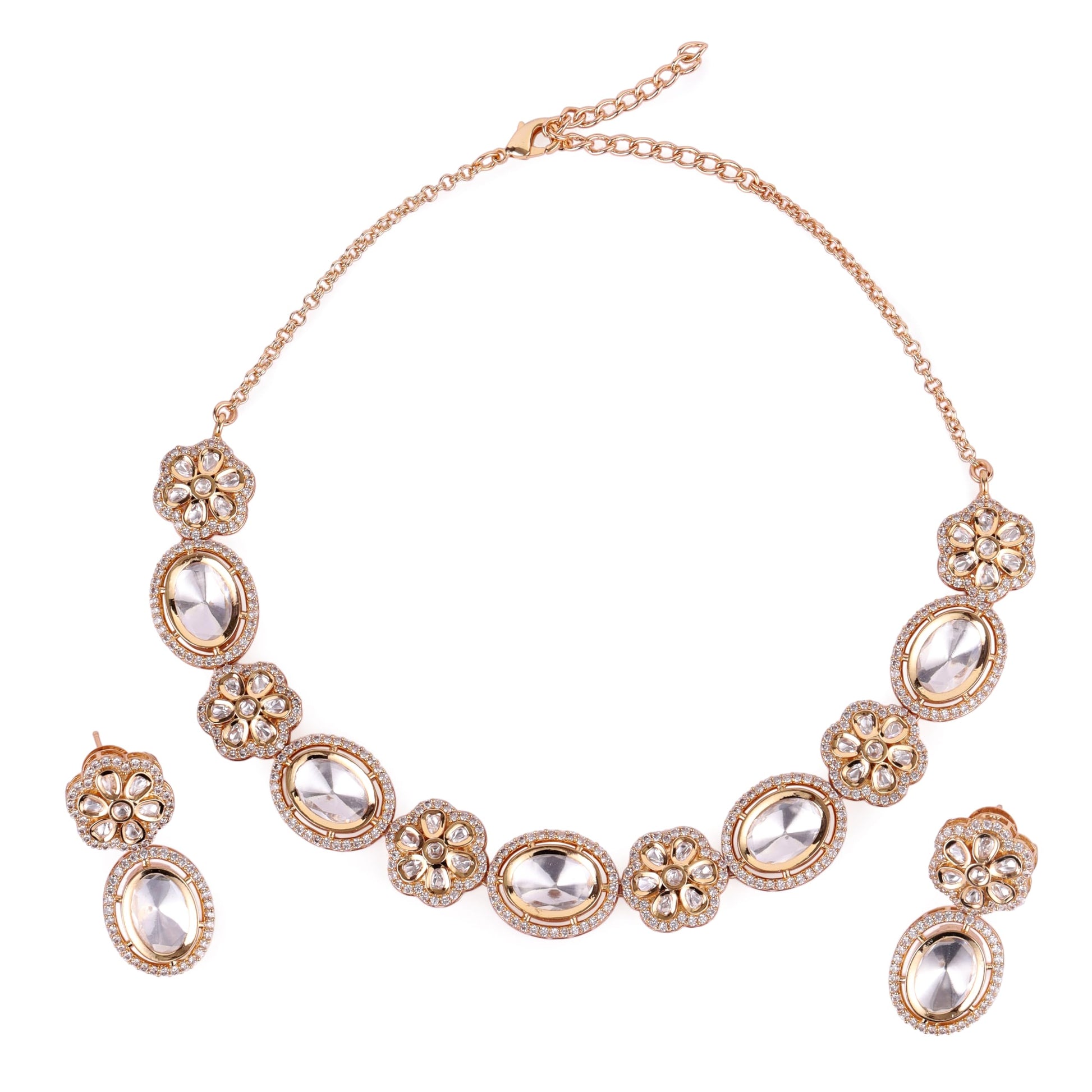 Saloni Fashion Jewellery Charming Flower and Circle Shape Uncut Kundan Stone 18 KT Gold Plated Brass Choker Necklace Set For Women and Girls