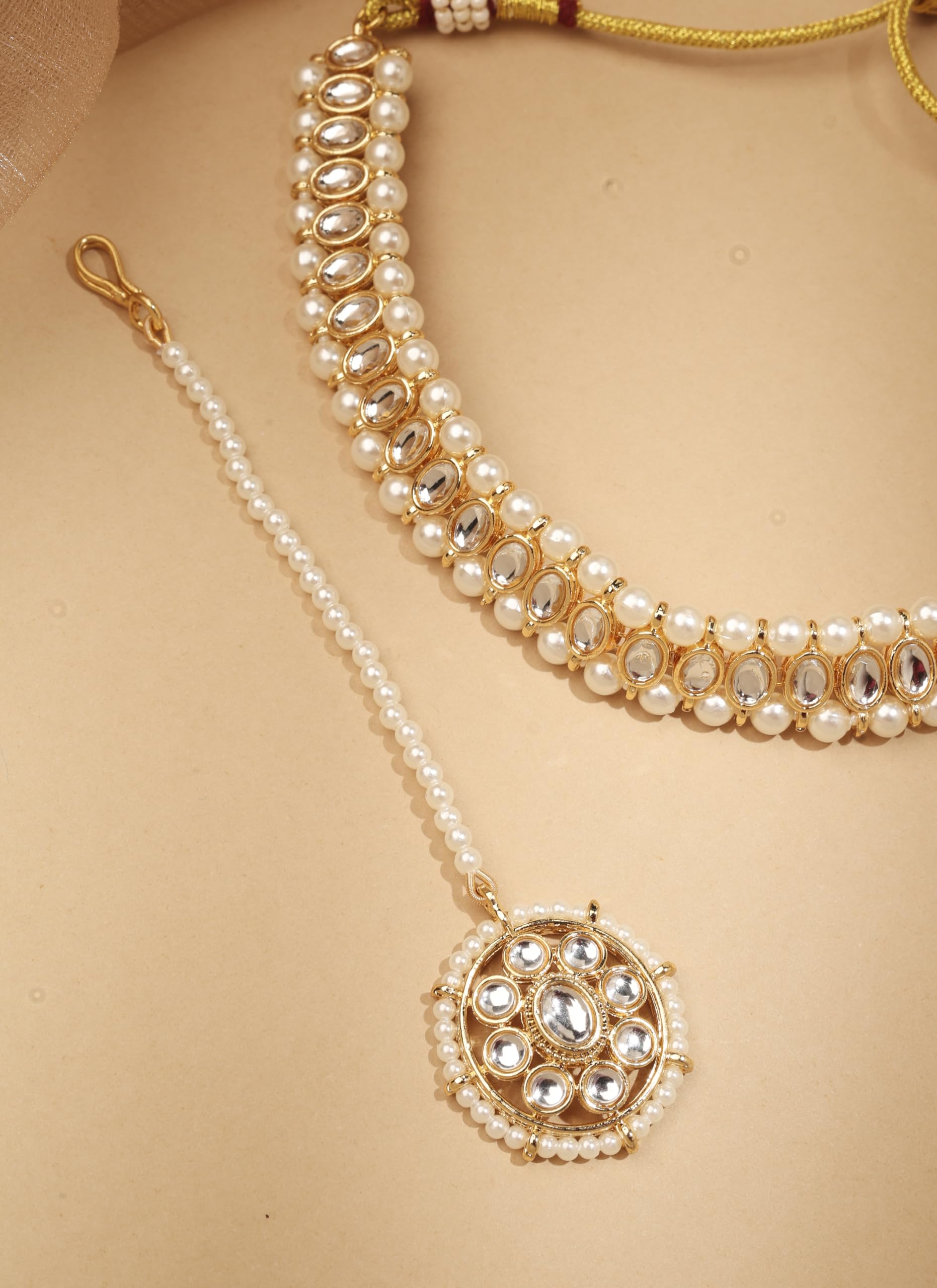 Saloni Fashion Jewellery Modern Circle and Round Pearl White Kundan Stone Gold Plated Choker Necklace With Maang Tikka For Women and Girls
