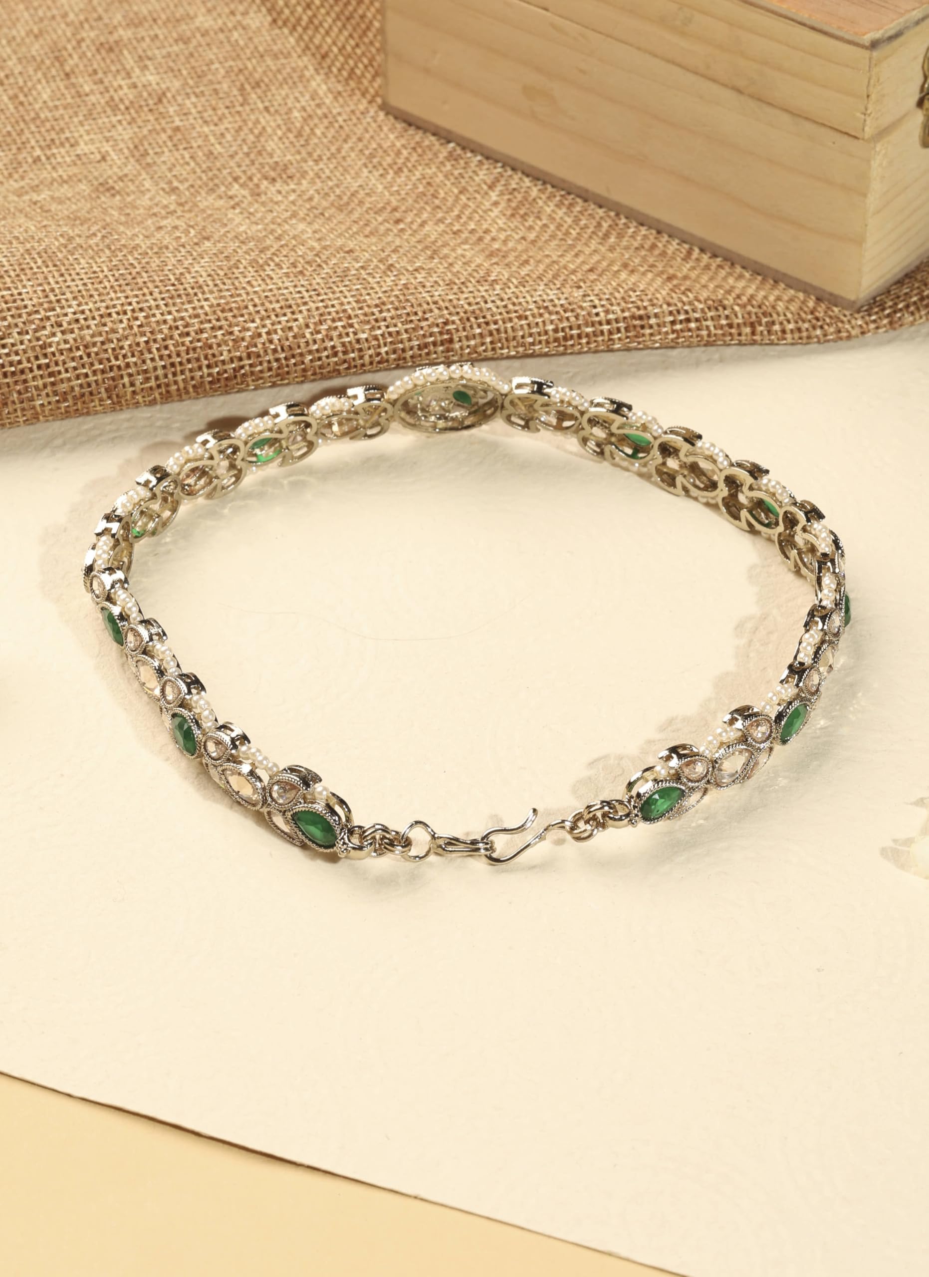 Saloni Fashion Jewellery Beautiful Flower Design and Pearl Green Kundan Stone Antique Gold Plated Mathapatti(Sheeshphool) For Women and Girls