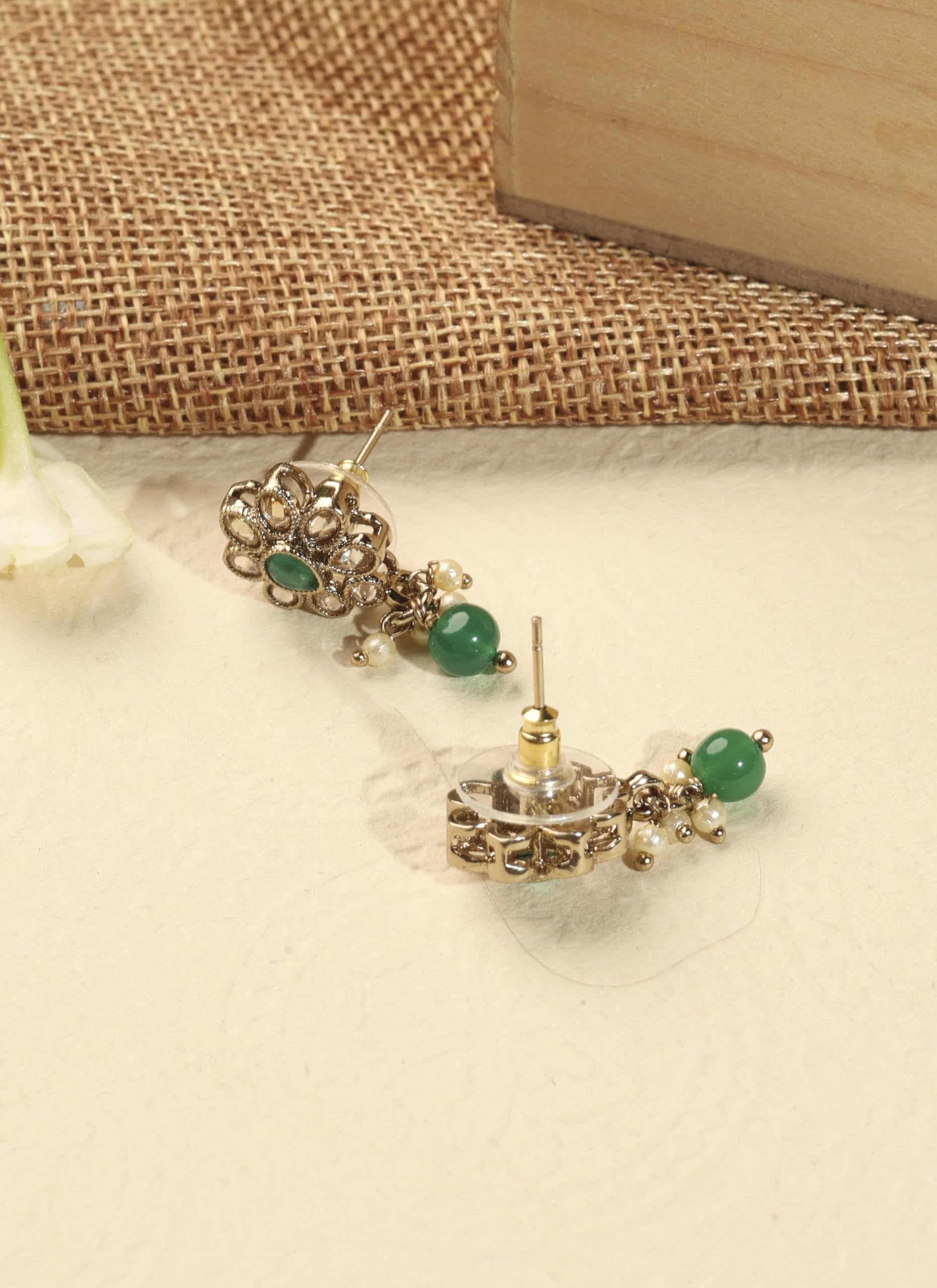 Saloni Fashion Jewellery Modish Flower Design and Circle Green Kundan Stone Antique Gold Plated Dangle Earring For Women and Girls