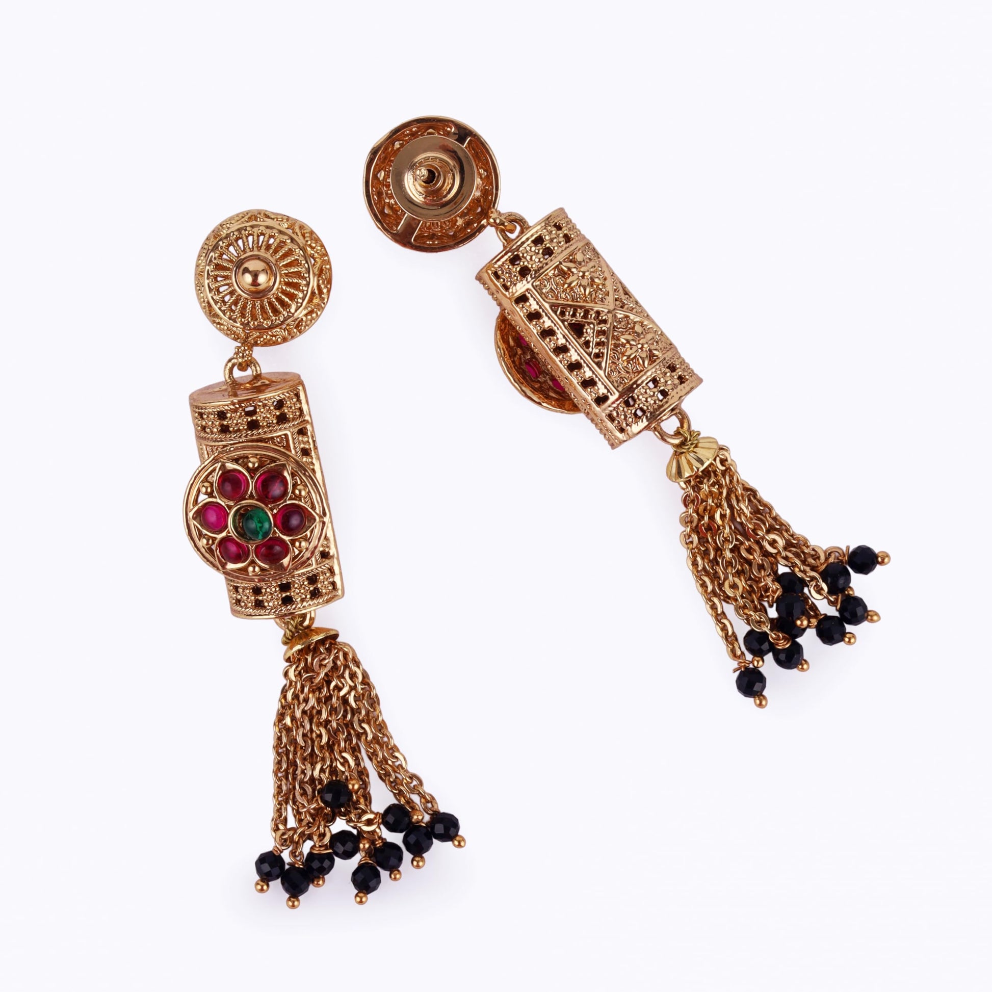 Saloni Fashion Jewellery Traditional Temple and Flower Design Black Bead Gold Plated Long Bead Chain Mangalsutra Set For Women