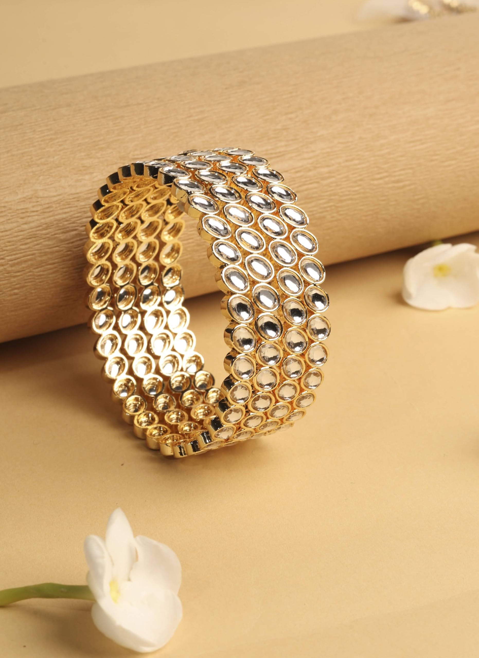 Saloni Fashion Jewellery Traditional Circle Shape White Kundan Stone Gold Plated Set of 4 Bangle Set For Women and Girls