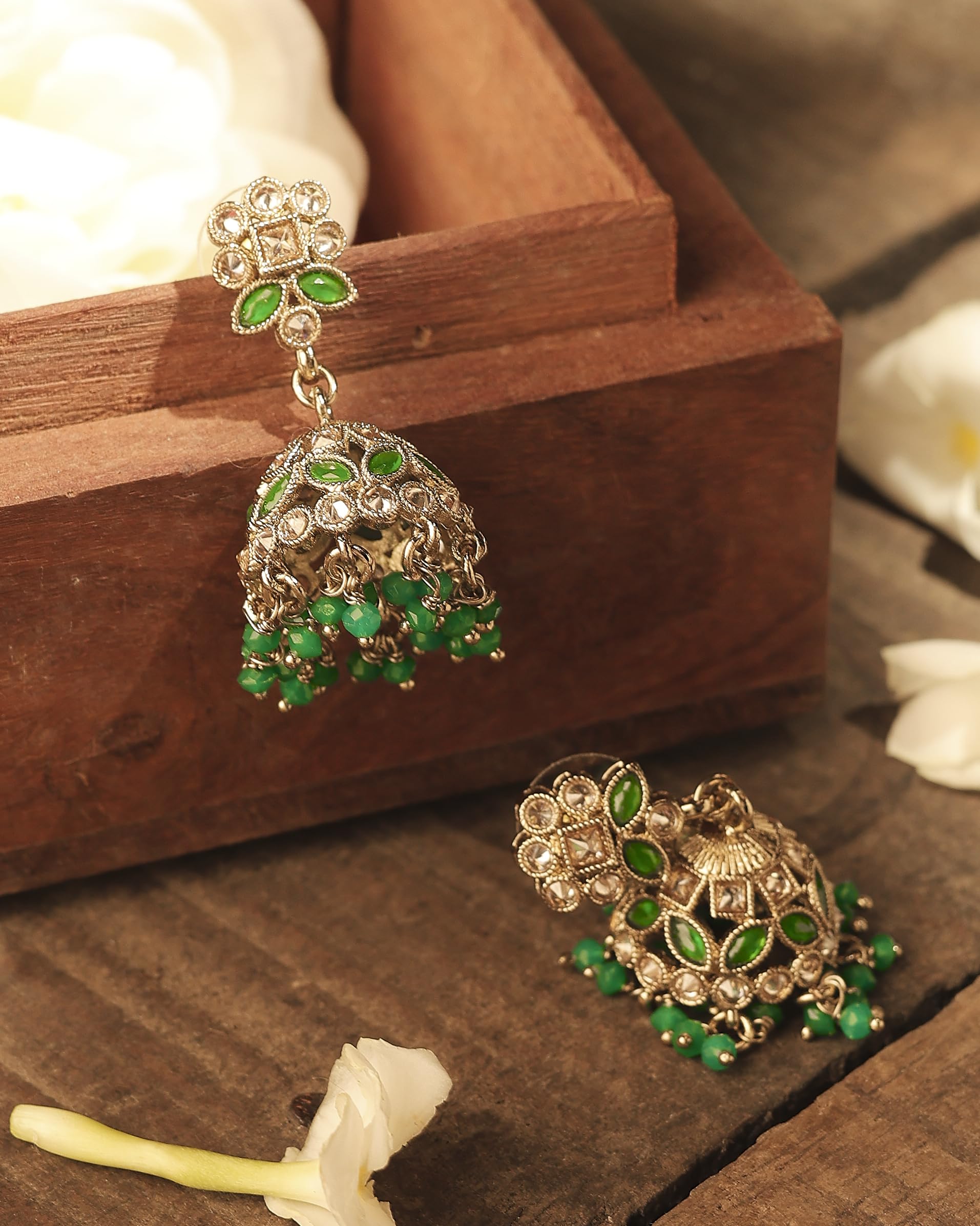 Saloni Fashion Jewellery Elegant Round and Pear Shape Silver Plated Pearl Green Kundan Stone Jhumki Earring For Women and Girls