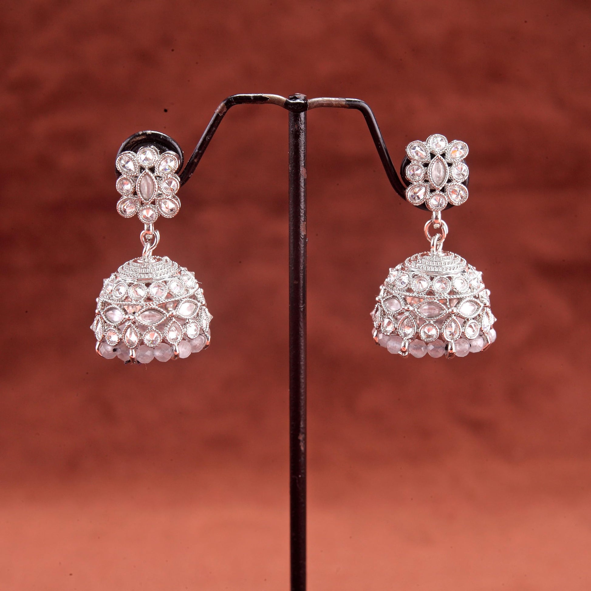 Saloni Fashion Jewellery Beautiful Pear and Flower Shape Grey Uncut Kundan Stone Silver Plated Jhumki Earring For Women and Girls