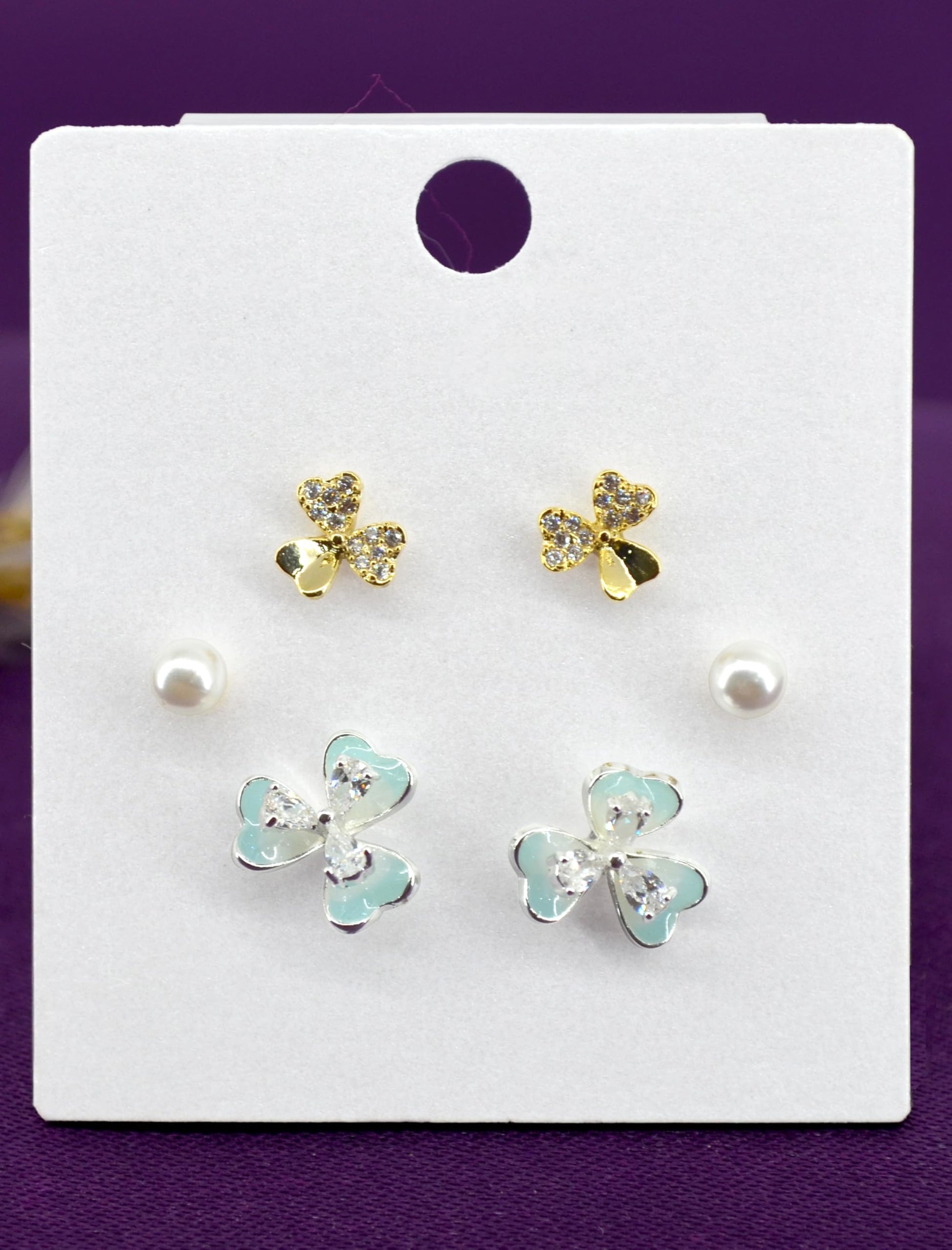Saloni Fashion Jewellery Pleasing Flower Shape Pearl Brass Silver and Gold Plated Set of 3 Combo Stud Earring For Women and Girls