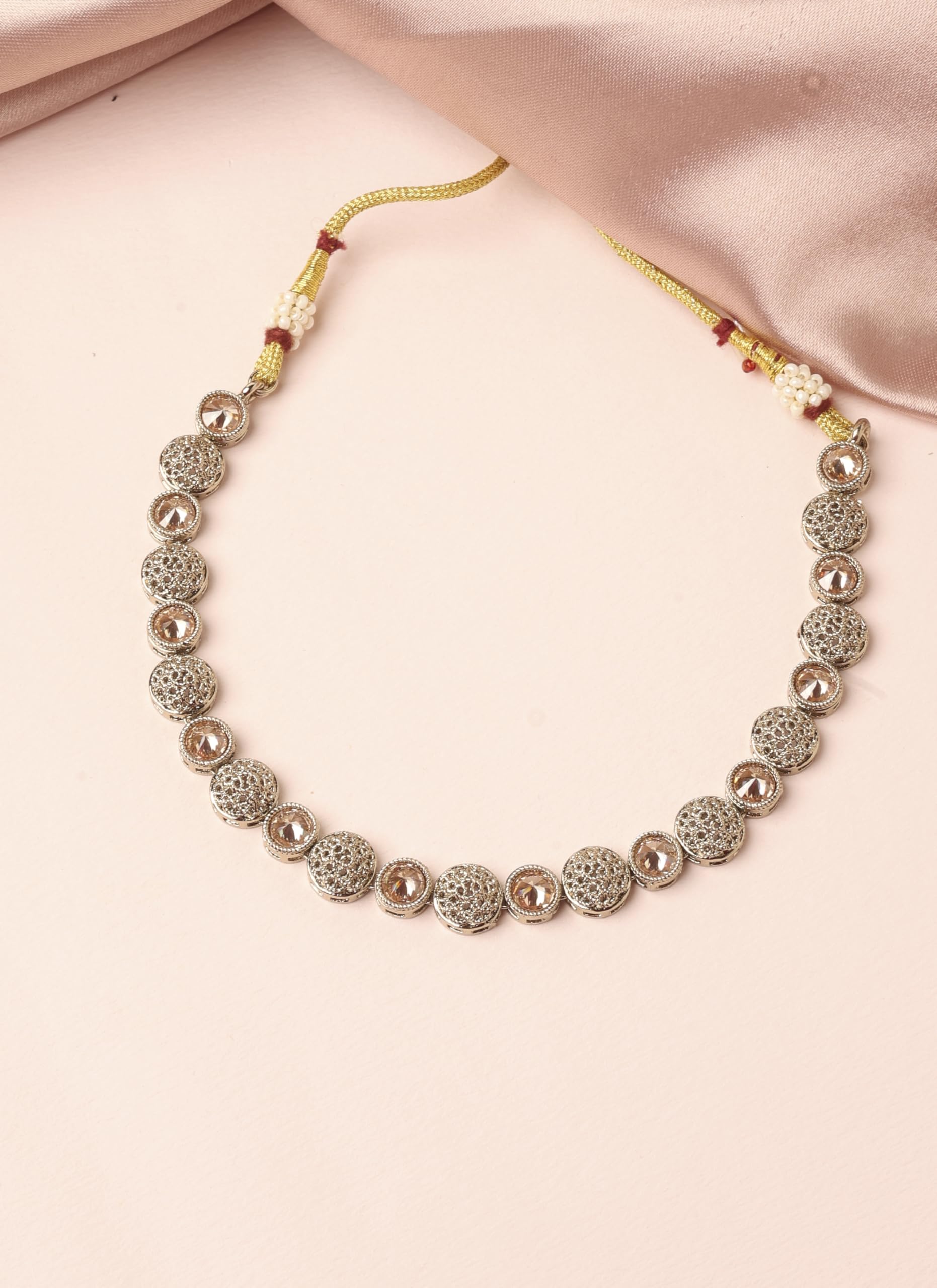 Saloni Fashion Jewellery Graceful Round Shape Brown Kundan Stone Antique Gold Plated Choker Brass Necklace With Maang Tikka For Women and Girls