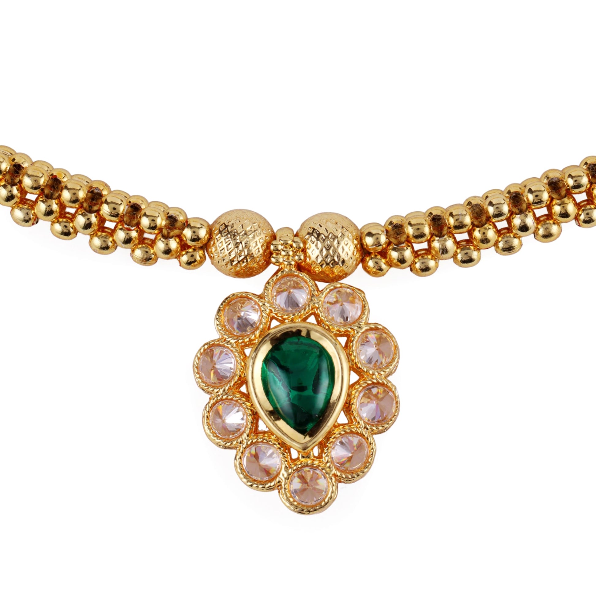Saloni Fashion Jewellery Traditional Oval Shape Golden Balls Green Stone Gold Plated Choker Necklace Set For Women