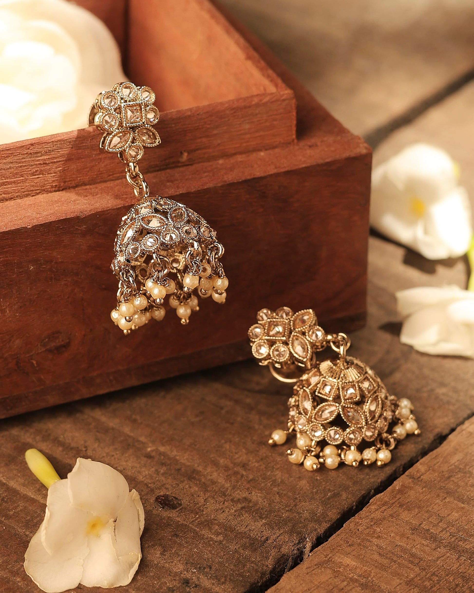 Saloni Fashion Jewellery Desirable Round and Pear Shape Silver Plated Pearl Brown Kundan Stone Jhumki Earring For Women and Girls