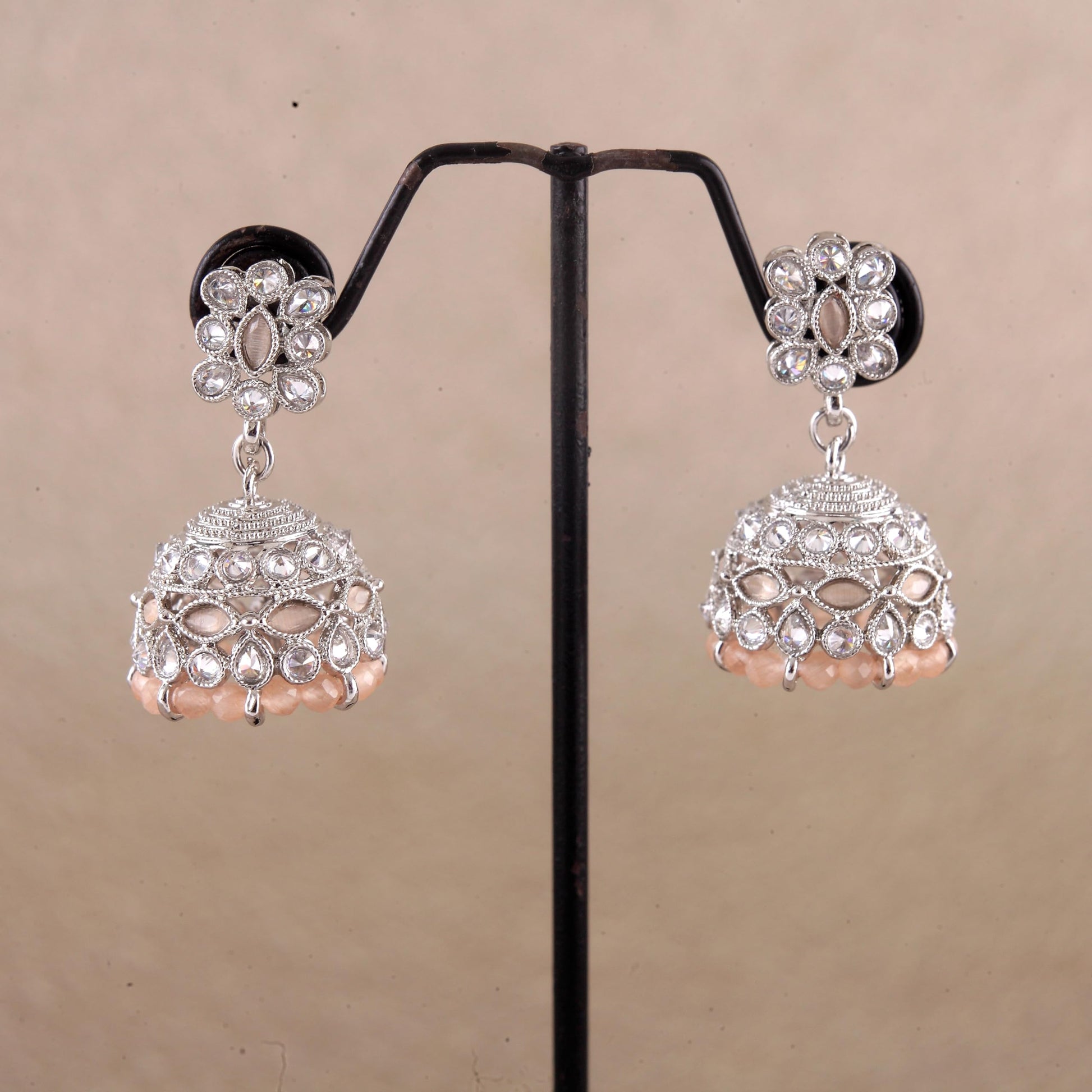 Saloni Fashion Jewellery Brilliant Pear and Flower Shape Peach Uncut Kundan Stone Silver Plated Jhumki Earring For Women and Girls