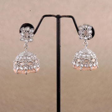 Saloni Fashion Jewellery Brilliant Pear and Flower Shape Peach Uncut Kundan Stone Silver Plated Jhumki Earring For Women and Girls