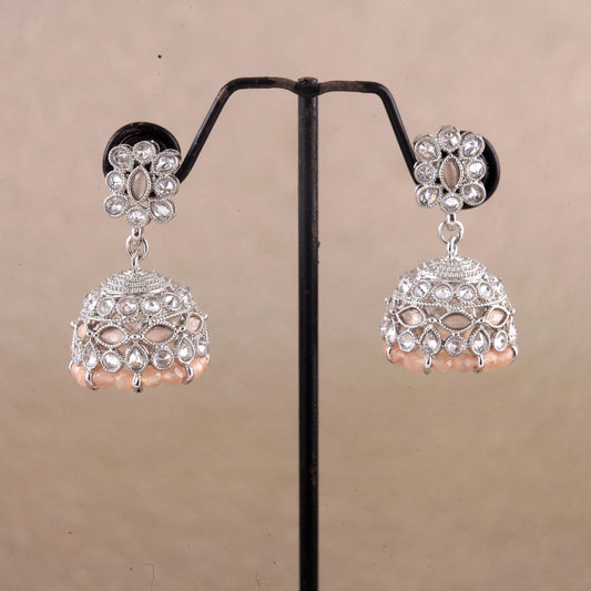 Saloni Fashion Jewellery Brilliant Pear and Flower Shape Peach Uncut Kundan Stone Silver Plated Jhumki Earring For Women and Girls