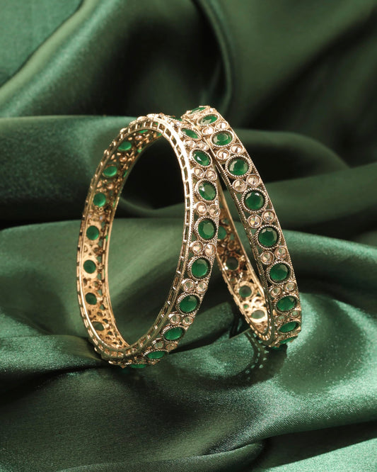 Saloni Fashion Jewellery Stylish Round Shape Antique Gold Plated Green Uncut Kundan Stone Set Of 2 Bangle Set For Women and Girls
