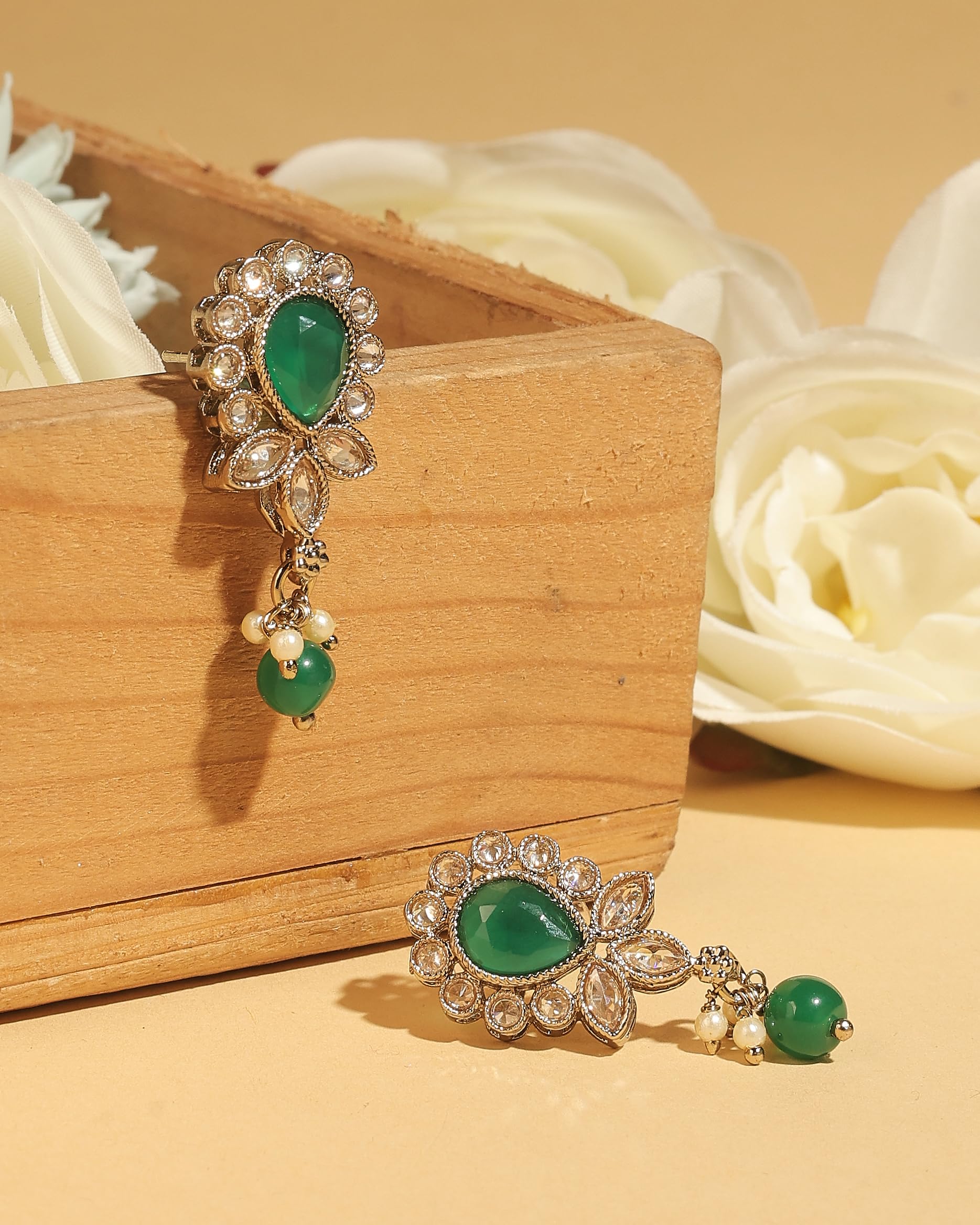 Saloni Fashion Jewellery Ethnic Oval and Leaf Design Gold Plated Green Kundan Stone Dangle Earring For Women and Girls