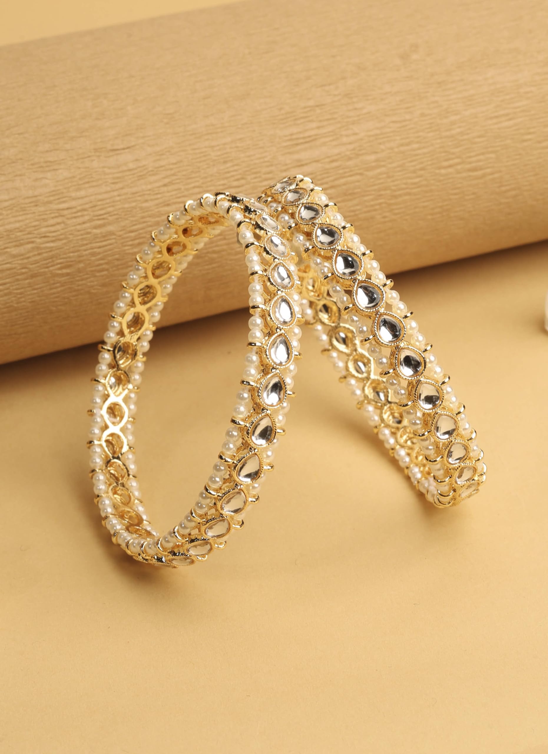 Saloni Fashion Jewellery Traditional Oval Shape Pearl White Kundan Stone Gold Plated Set of 2 Bangle Set For Women and Girls