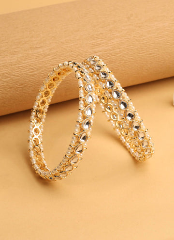 Saloni Fashion Jewellery Traditional Oval Shape Pearl White Kundan Stone Gold Plated Set of 2 Bangle Set For Women and Girls