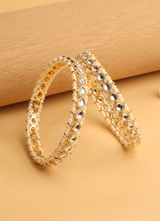 Saloni Fashion Jewellery Traditional Oval Shape Pearl White Kundan Stone Gold Plated Set of 2 Bangle Set For Women and Girls
