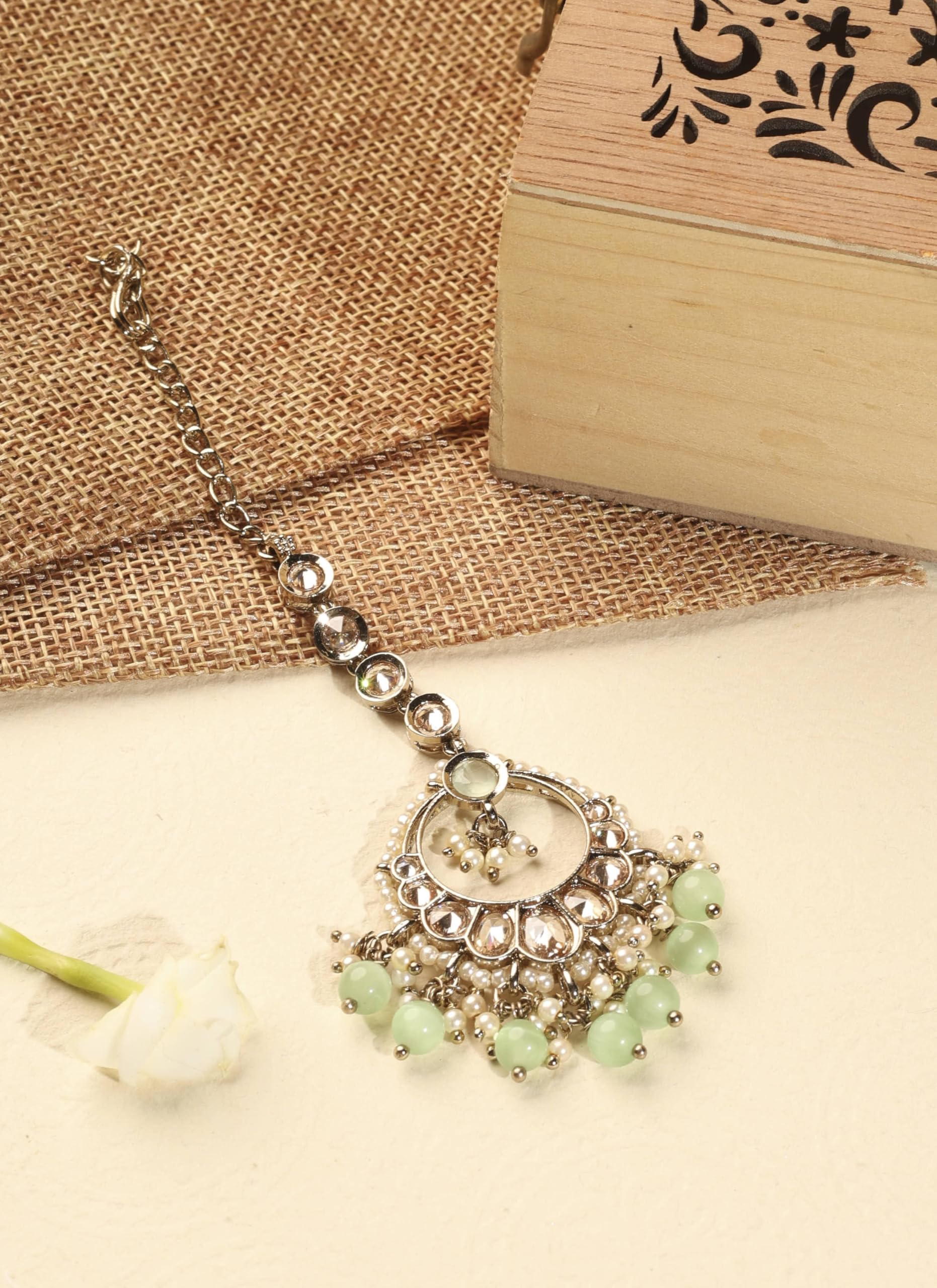 Saloni Fashion Jewellery Gorgeous Circle and Leaf Shape Light Green Pearl Brown Kundan Stone Antique Gold Plated Brass Chandelier Earring With Maang Tikka For Women and Girls